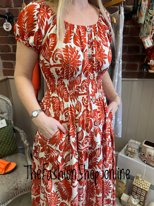 Lillie burnt orange leaf print gypsy maxi dress 8-18