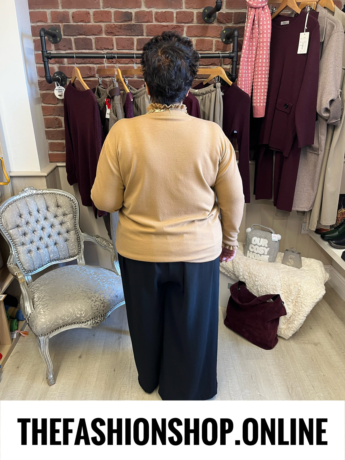 Monroe camel frill neck fine knit jumper sizes 8-14 and 16-22