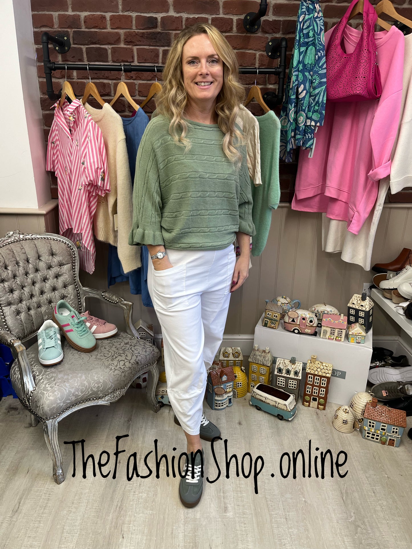 Eleanor sage green frill sleeve jumper 10-16