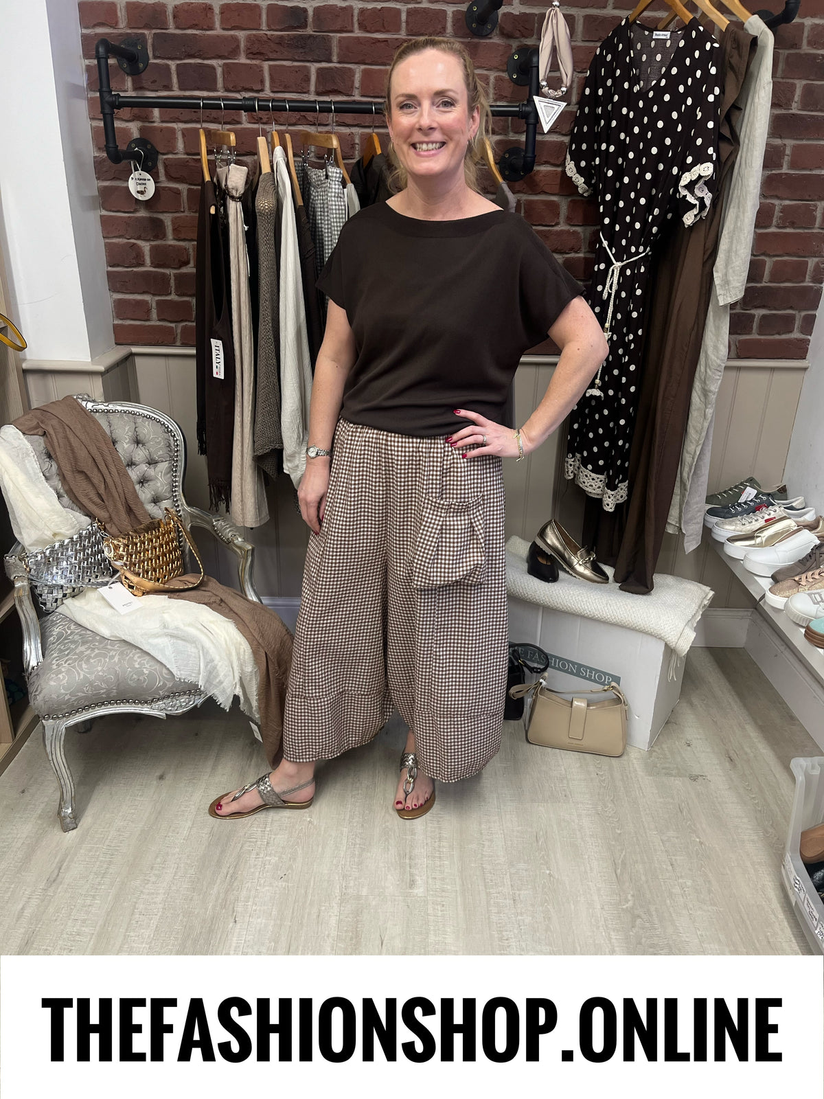 Imogen brown gingham wide leg trousers 10-18