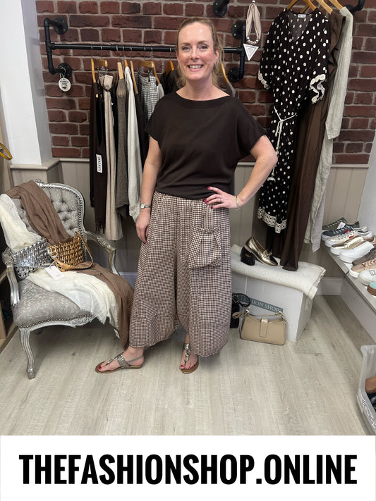 Imogen brown gingham wide leg trousers 10-18