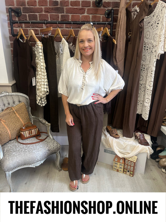 Kayla beige linen mix beaded top 12-18