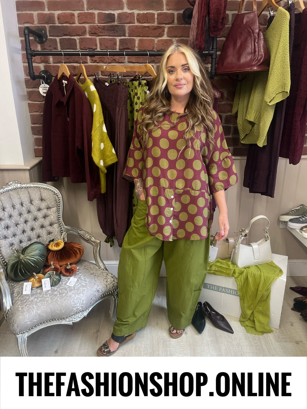 Nancy mulberry and olive spot button top 14-20