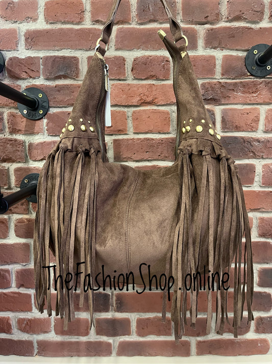 Jessie Coffee Brown faux suede tassel bag