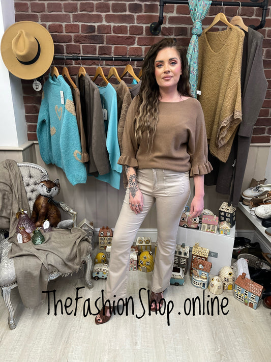 Tess camel jumper with frill sleeve 8-14