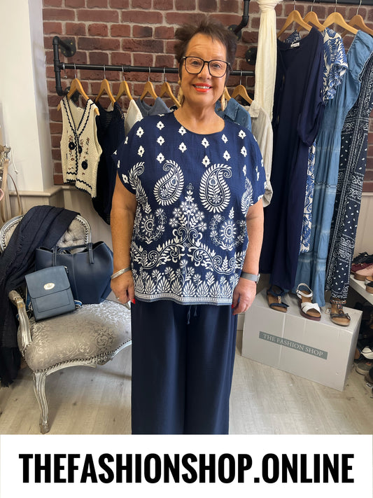 Anna navy paisley linen mix top 14-20
