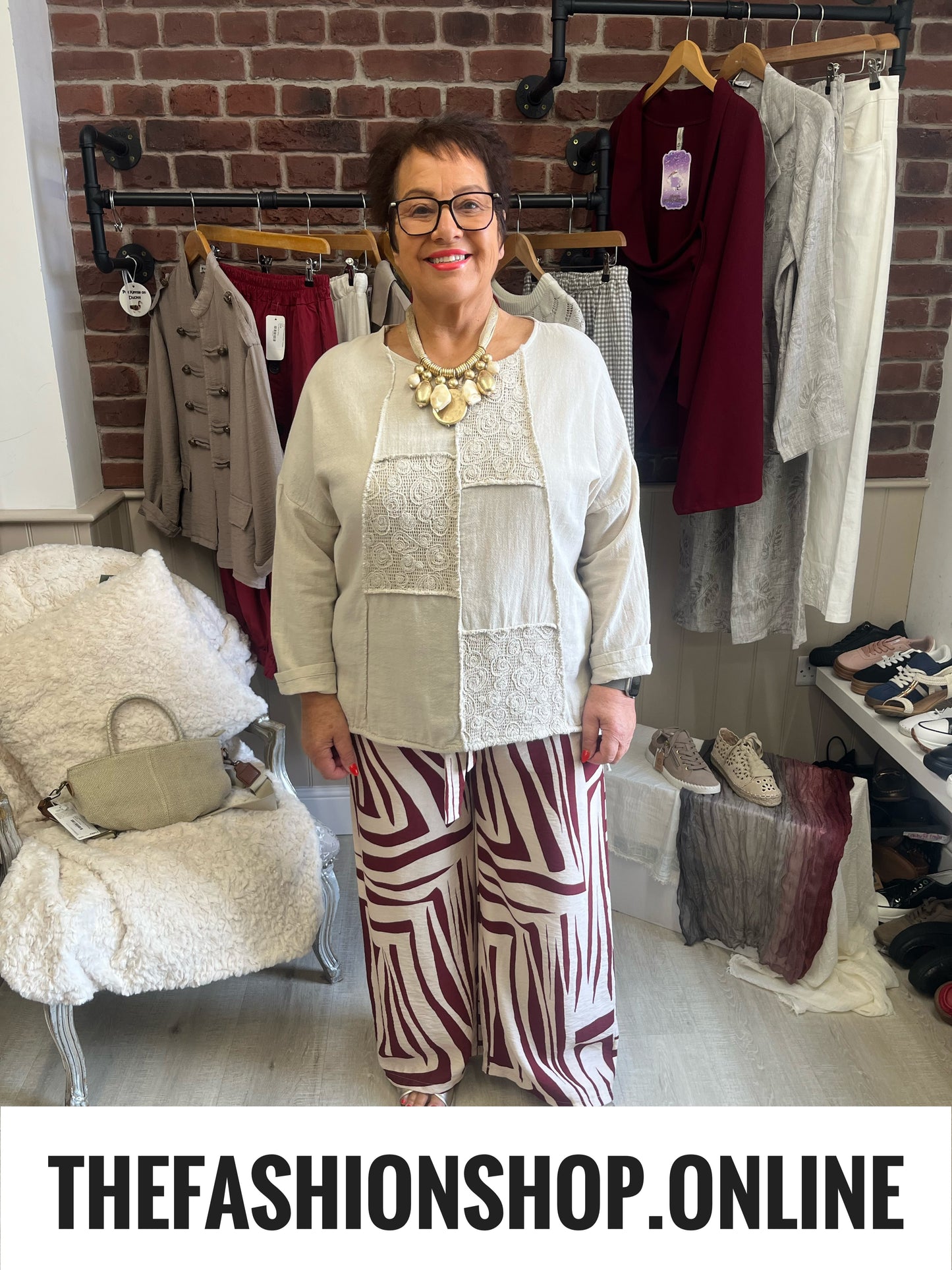 Ebony wine and cream wide leg trousers 10-16