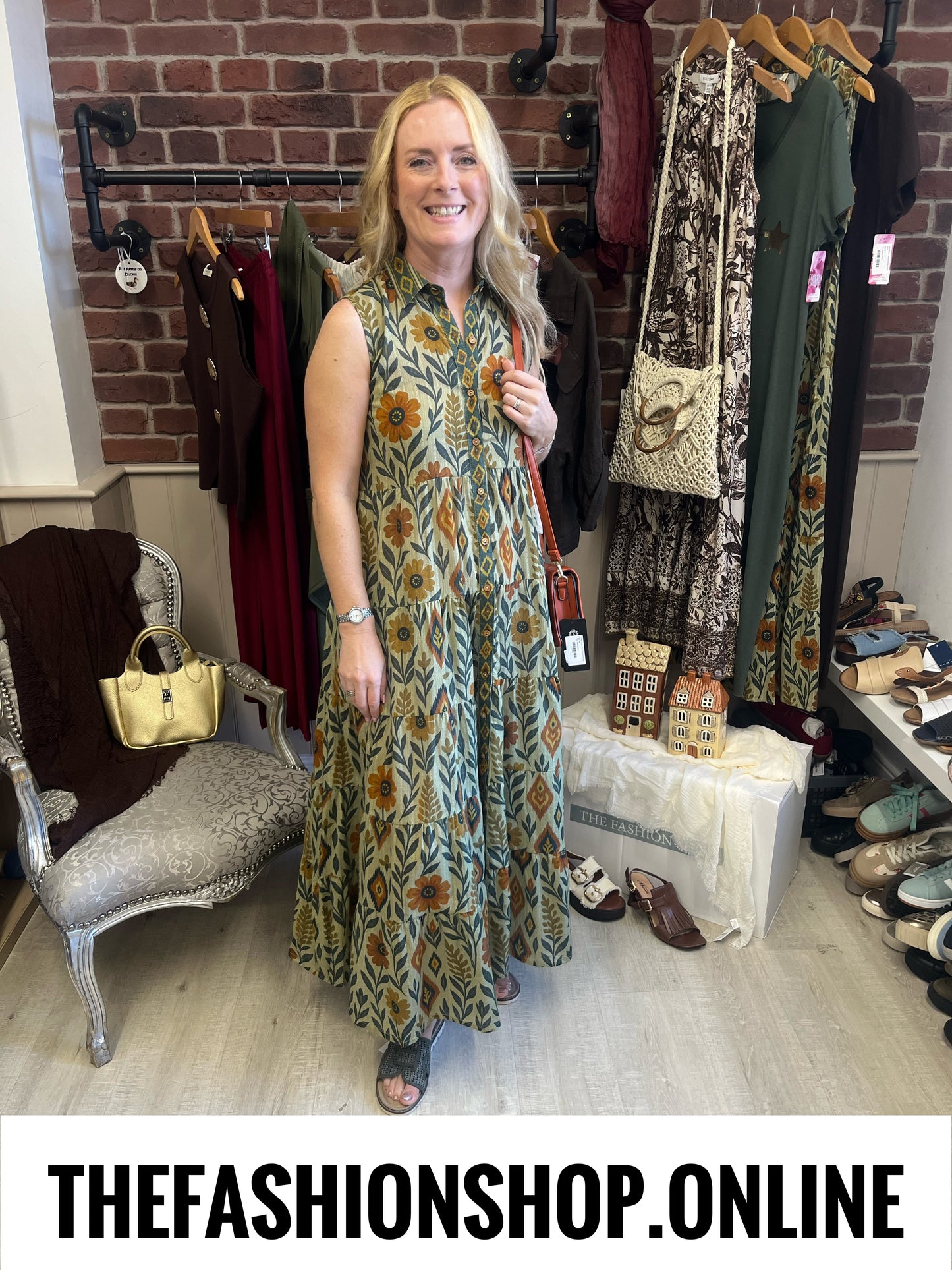 Reese khaki floral leaves tiered dress sizes 10, 12 and 14