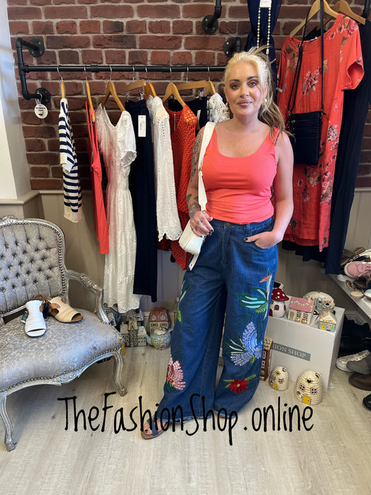 Fly Out birds of paradise wide leg jeans 8-14