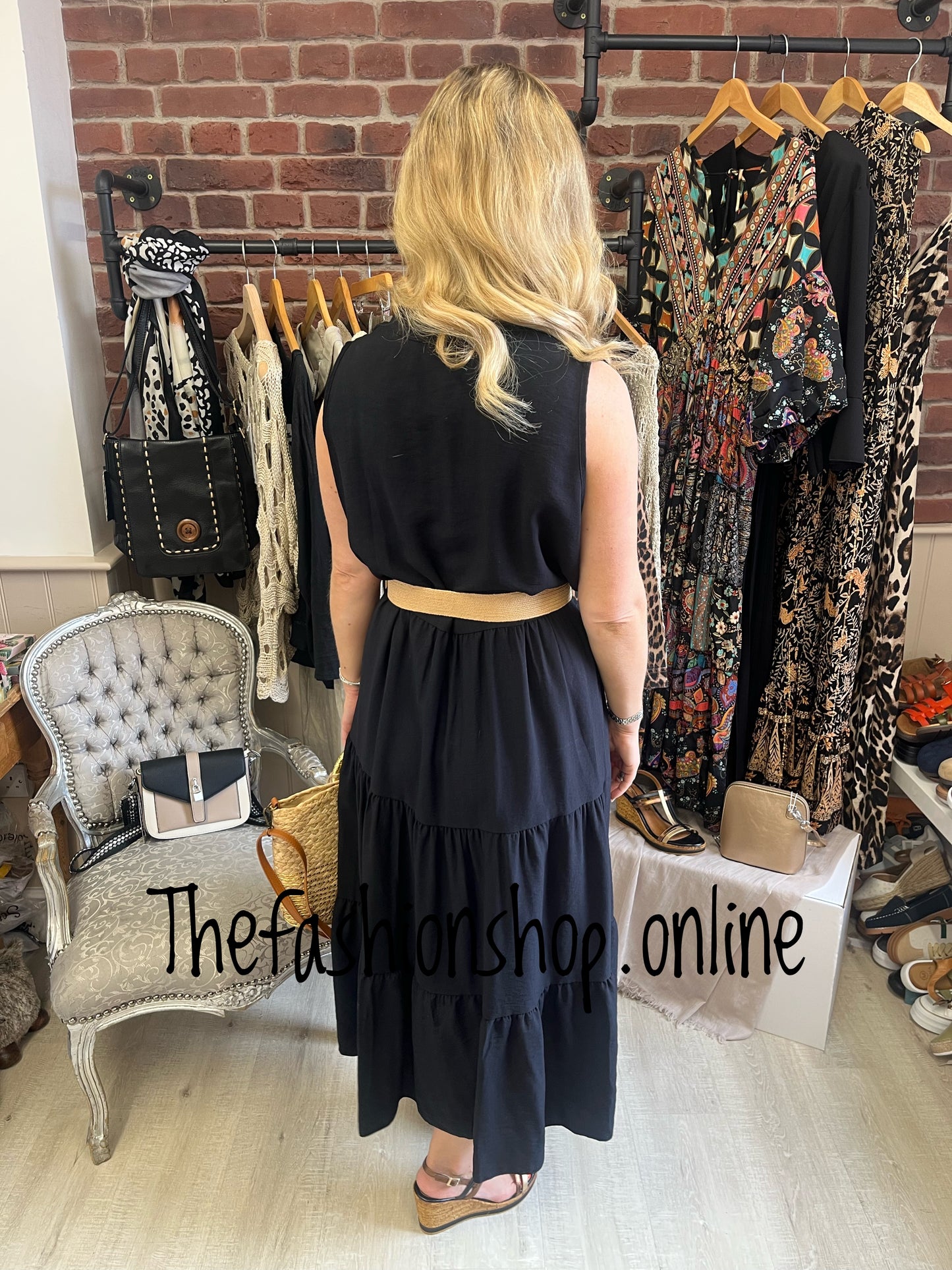 Opulent Leona black tiered dress with belt 8-16