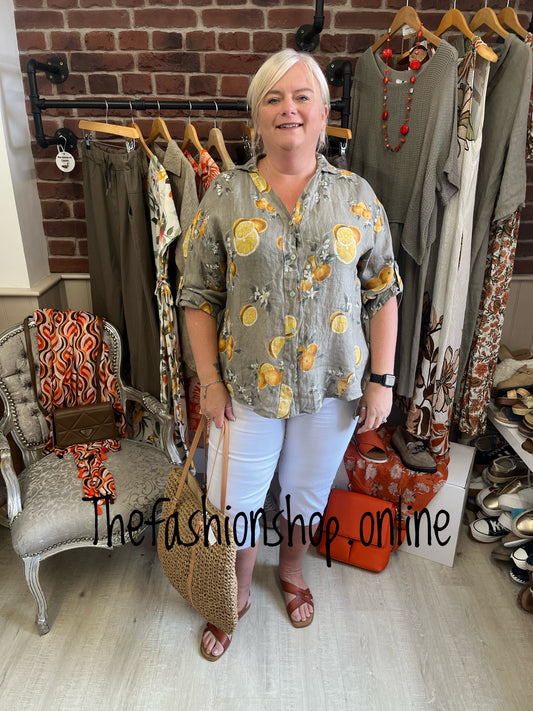 Terri mocha linen shirt with oranges 12-18
