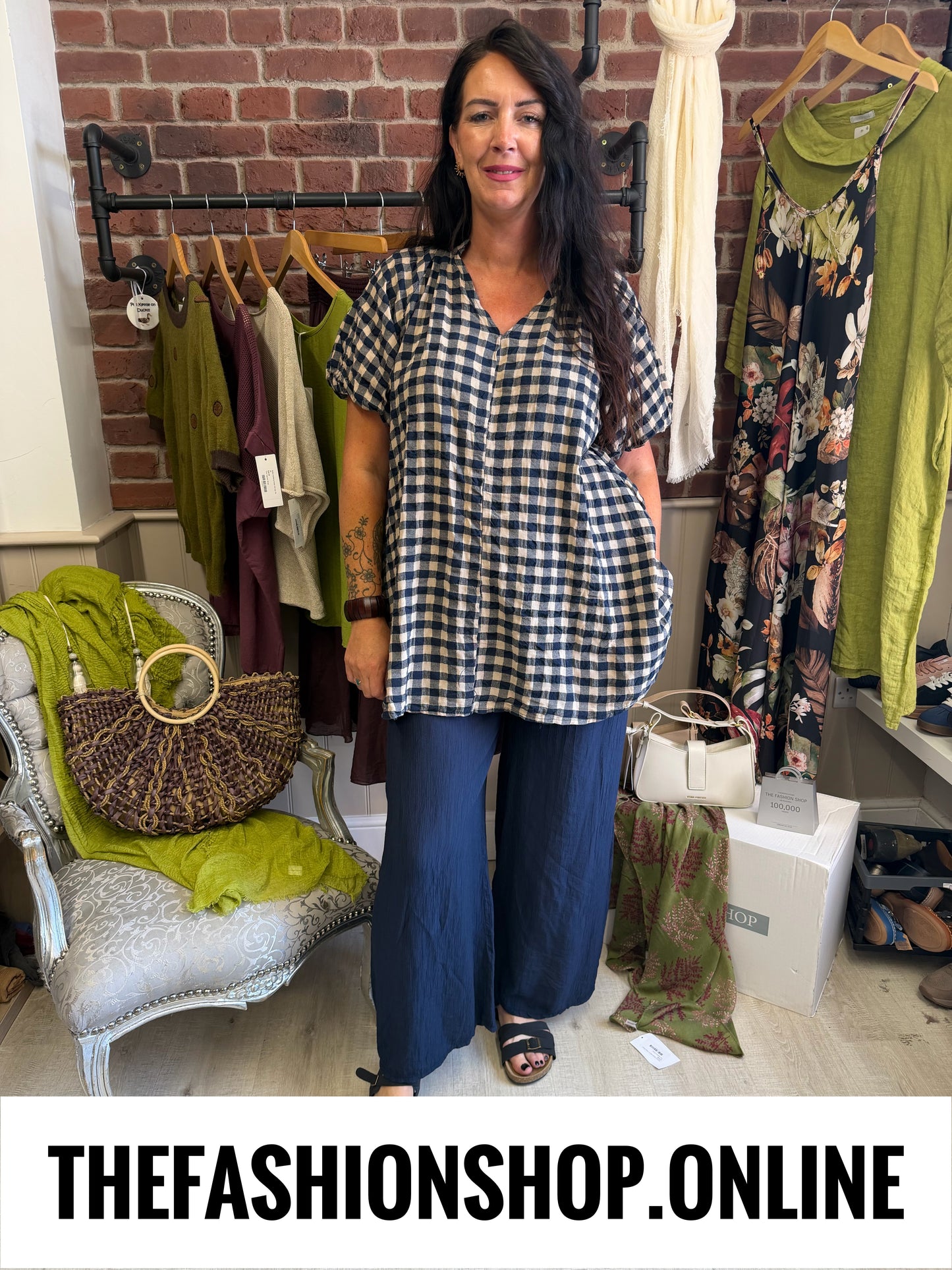 Astrid navy and mocha gingham tunic 8-16