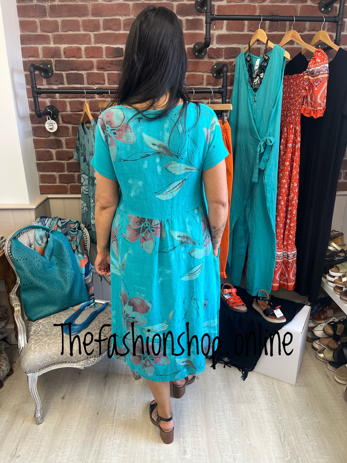 Hayley teal floral linen mix dress 10-16