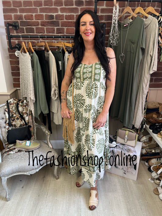 Caroline khaki and beige strappy dress sizes 12, 14 and 16