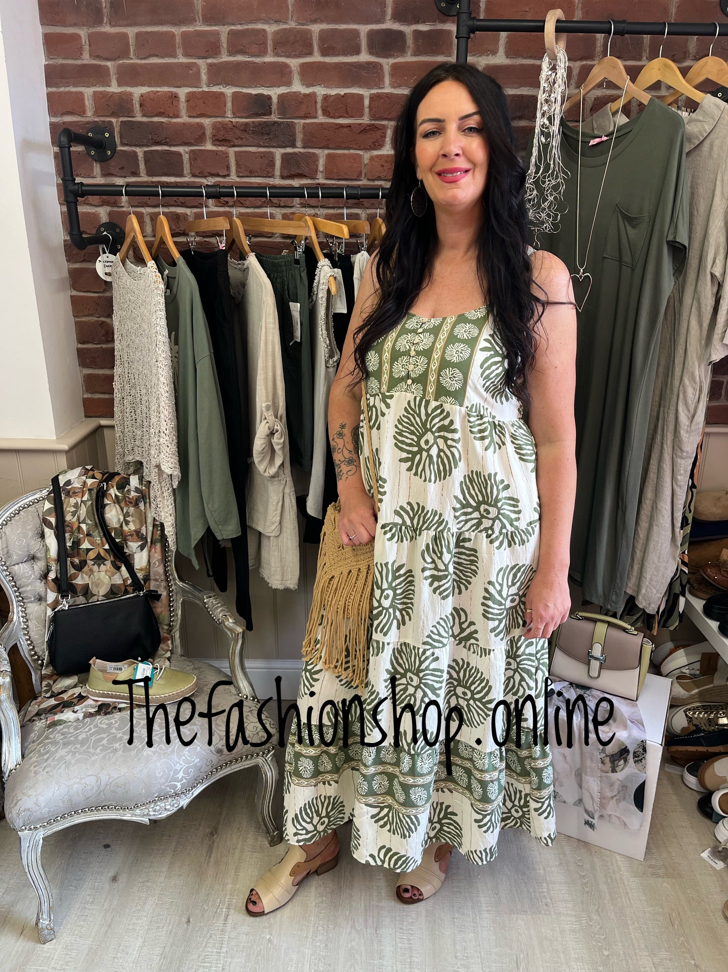 Caroline khaki and beige strappy dress sizes 12, 14 and 16