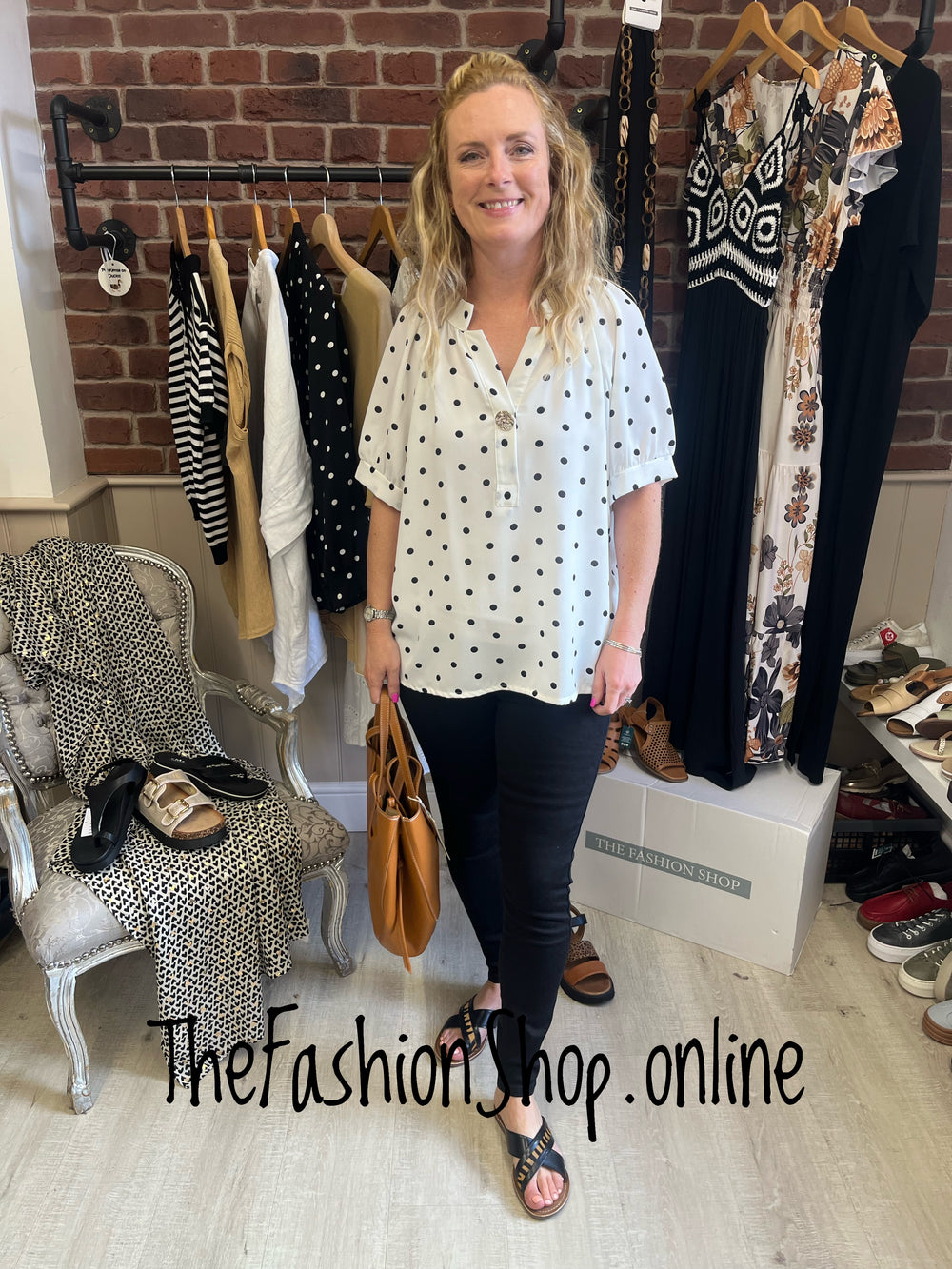 Natalie white and black spot button blouse 12-16