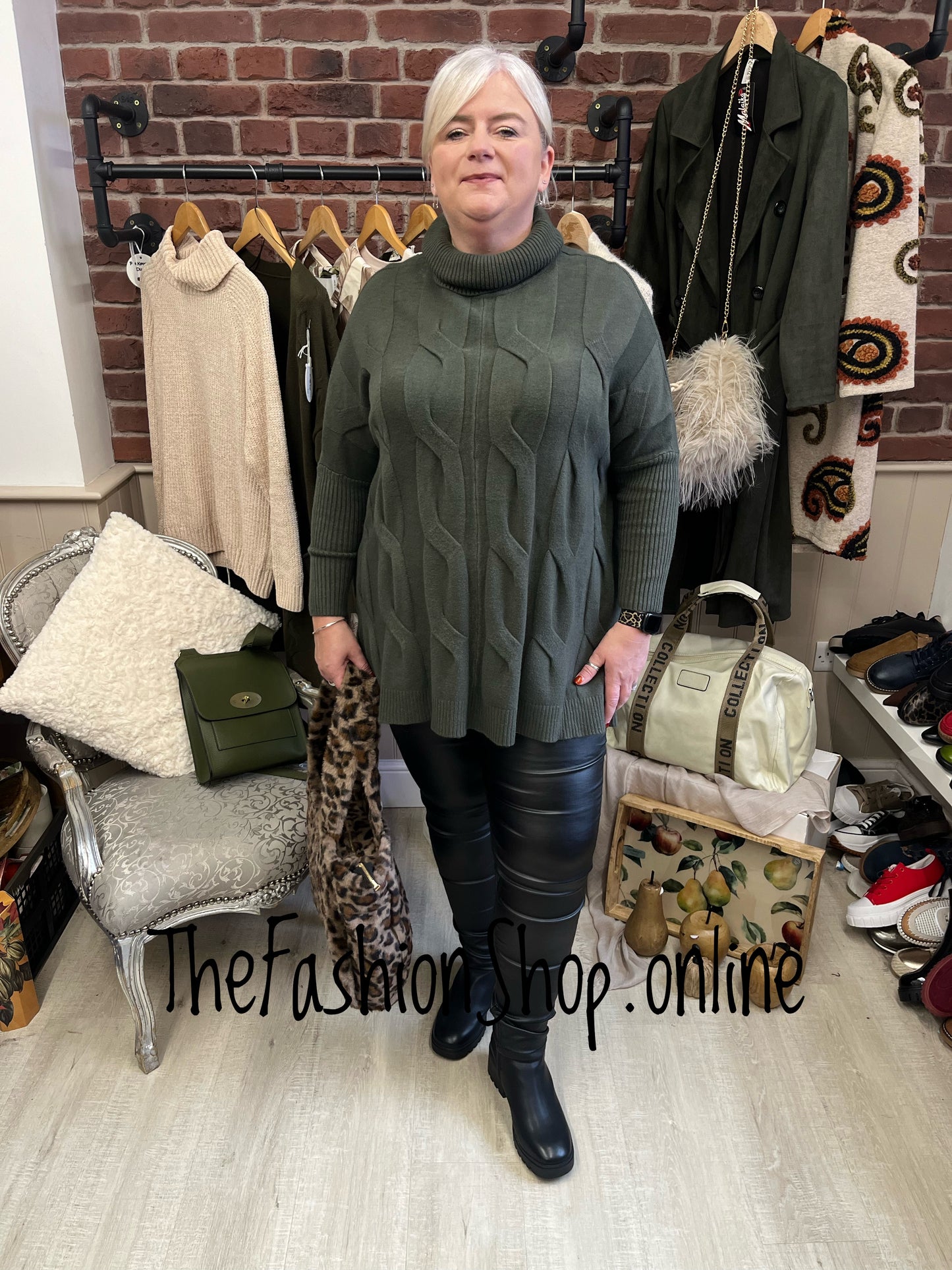 Amelia Khaki Cable knit polo jumper 12-22