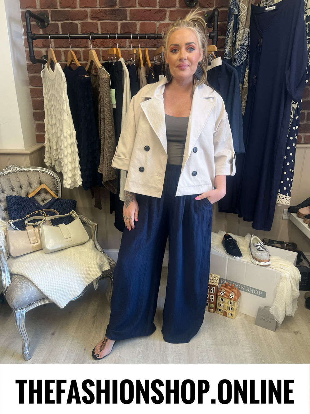 Elise navy wide leg ripple trousers 10-18