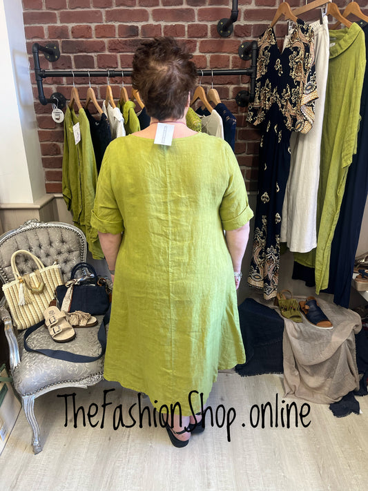Selena olive V neck linen dress 14-20