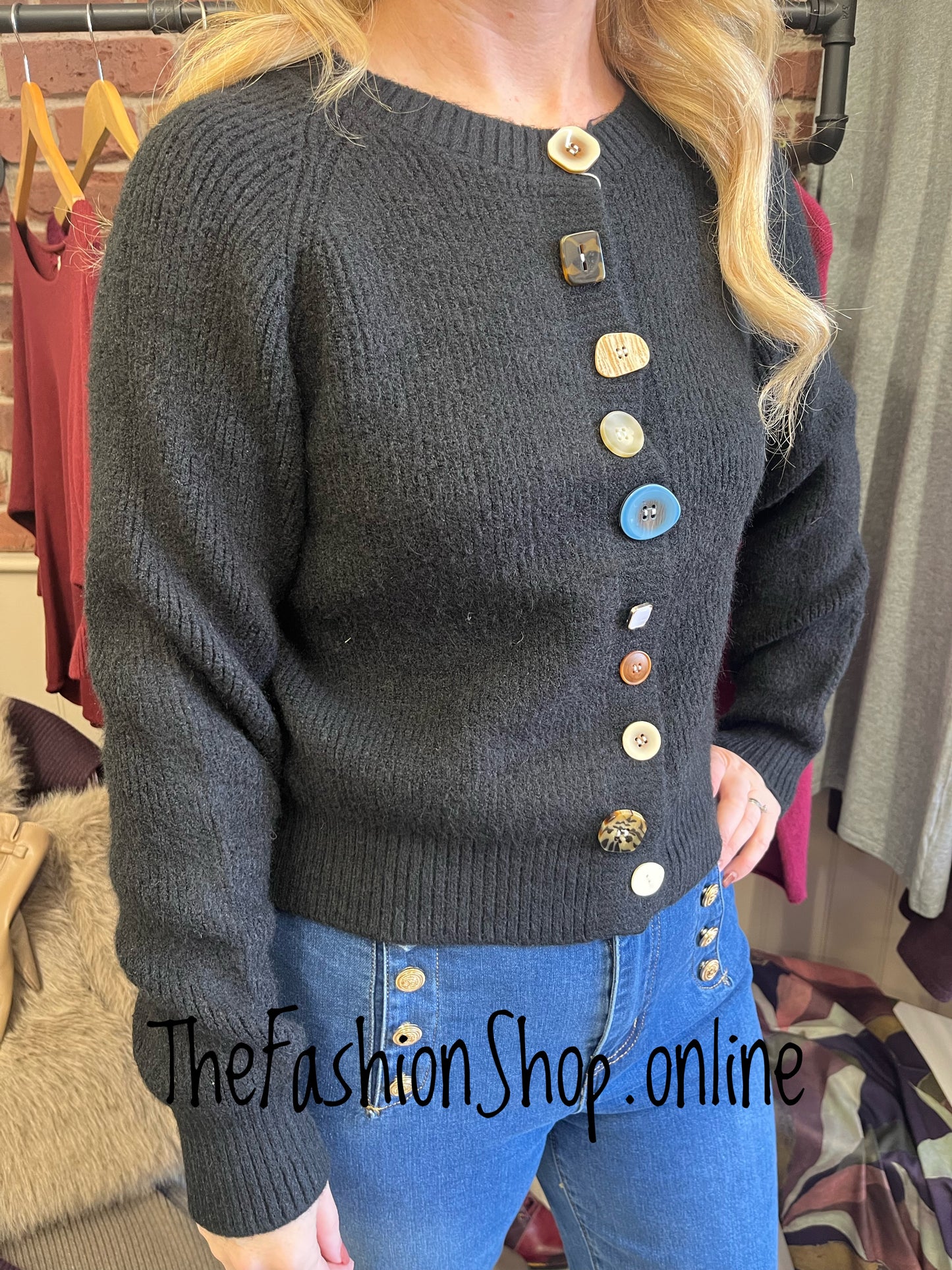 Wonky button cardigan in black 8-14