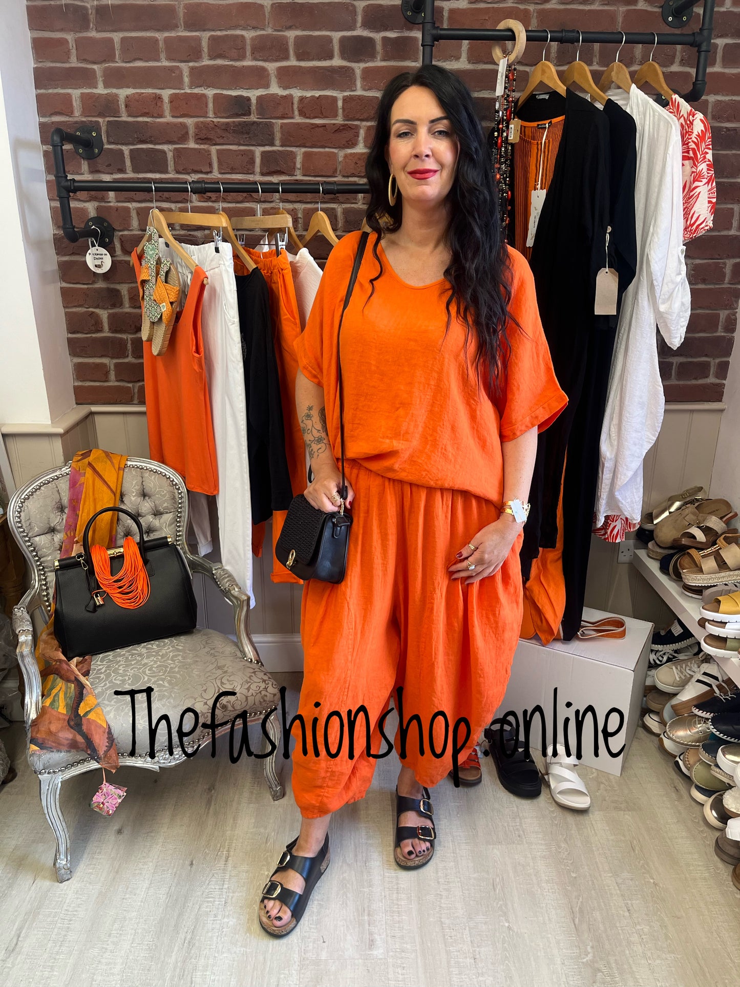 Kali orange v neck linen top 16-22