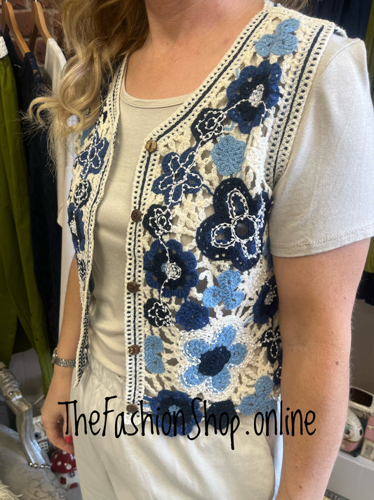 Margot blue crochet embellished waistcoat 8-12