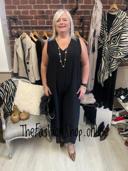 Paris black v neck jumpsuit with back detail 16-20
