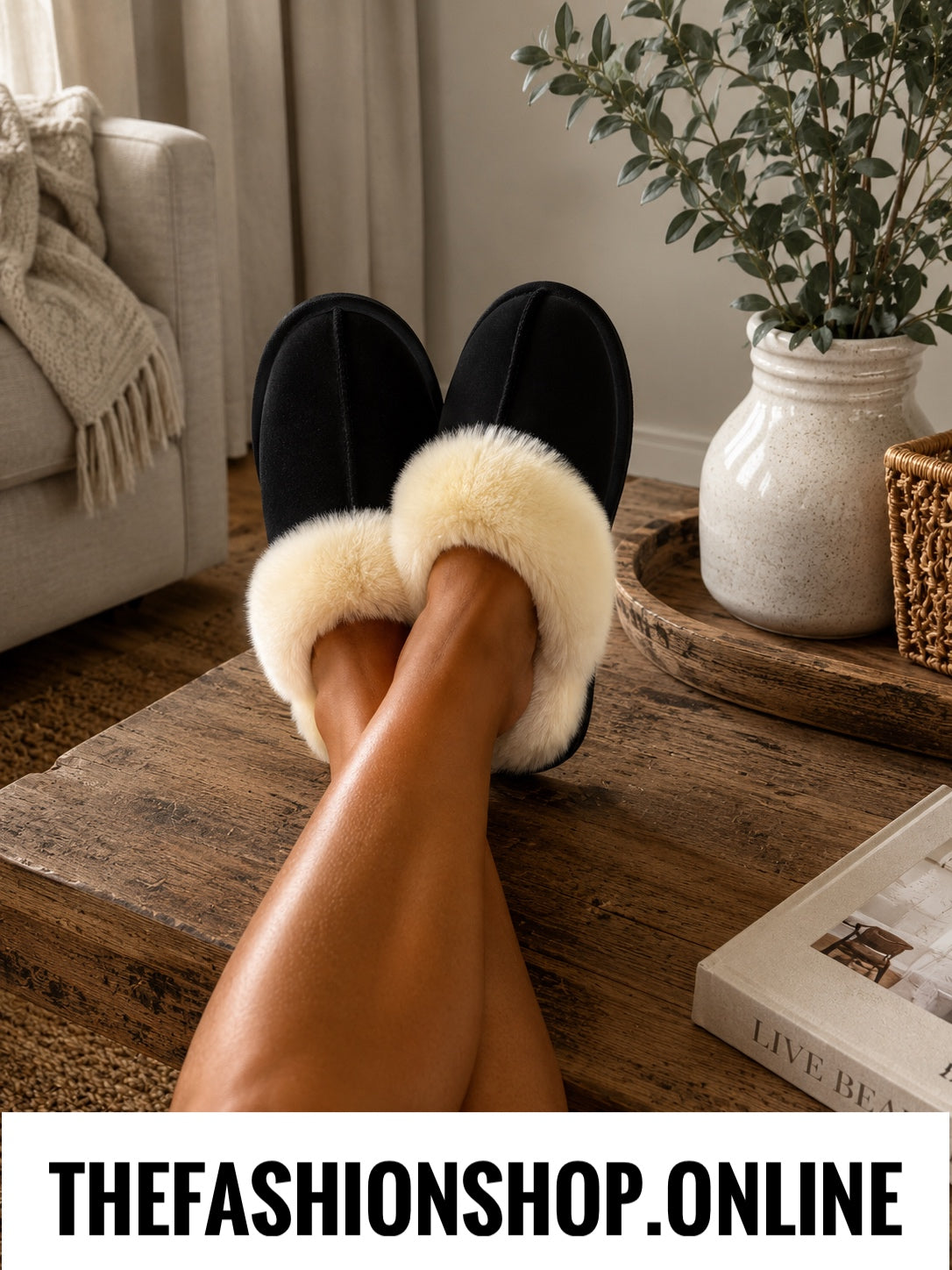 Black faux suede faux fur slippers