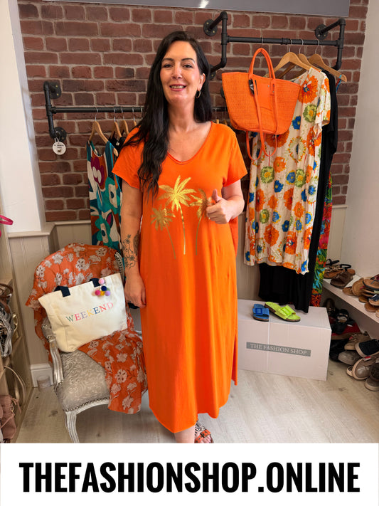 Eden orange palm tree dress 10-18