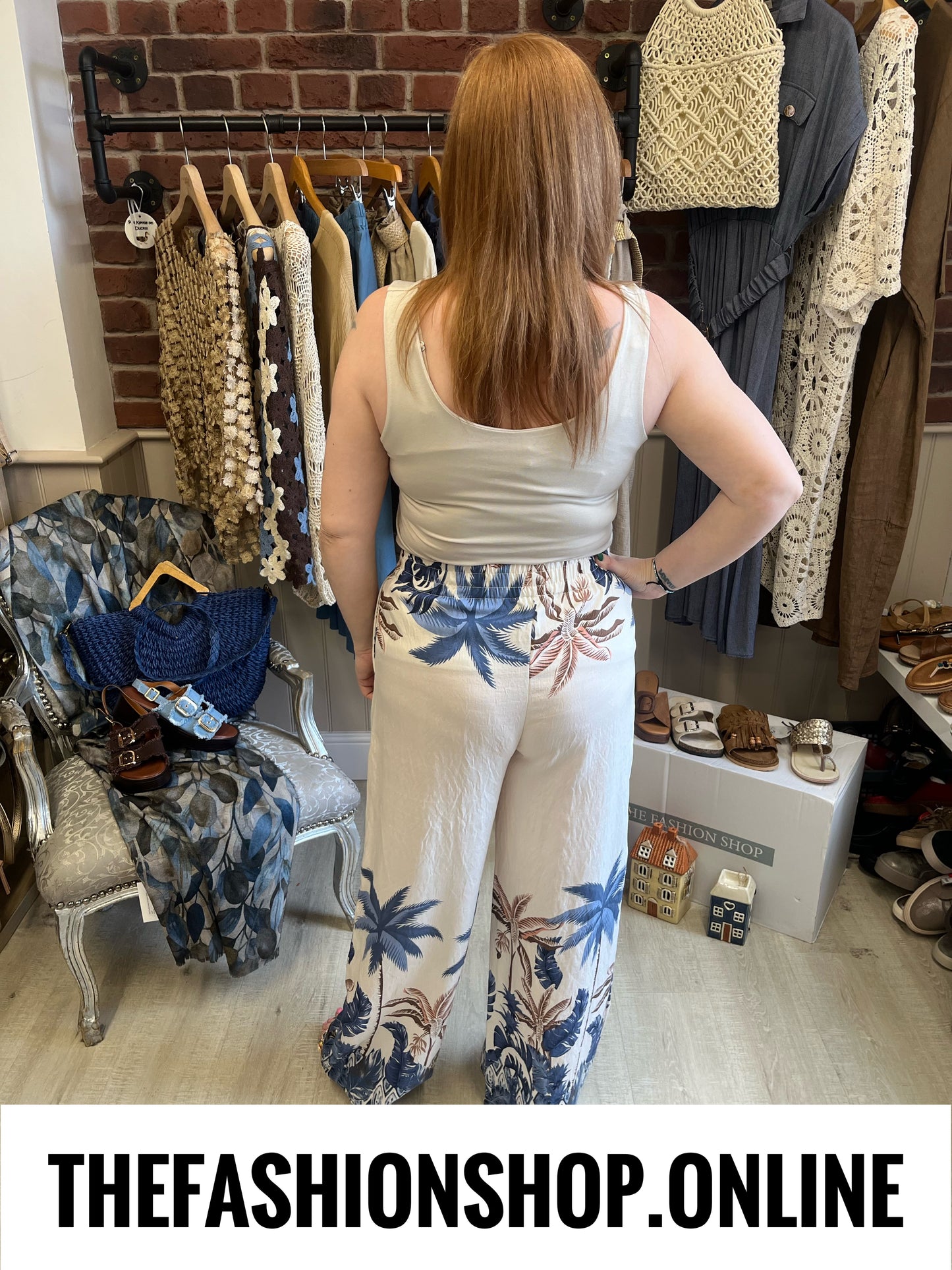 Wendy blue and cream palm leaf trousers 8-14