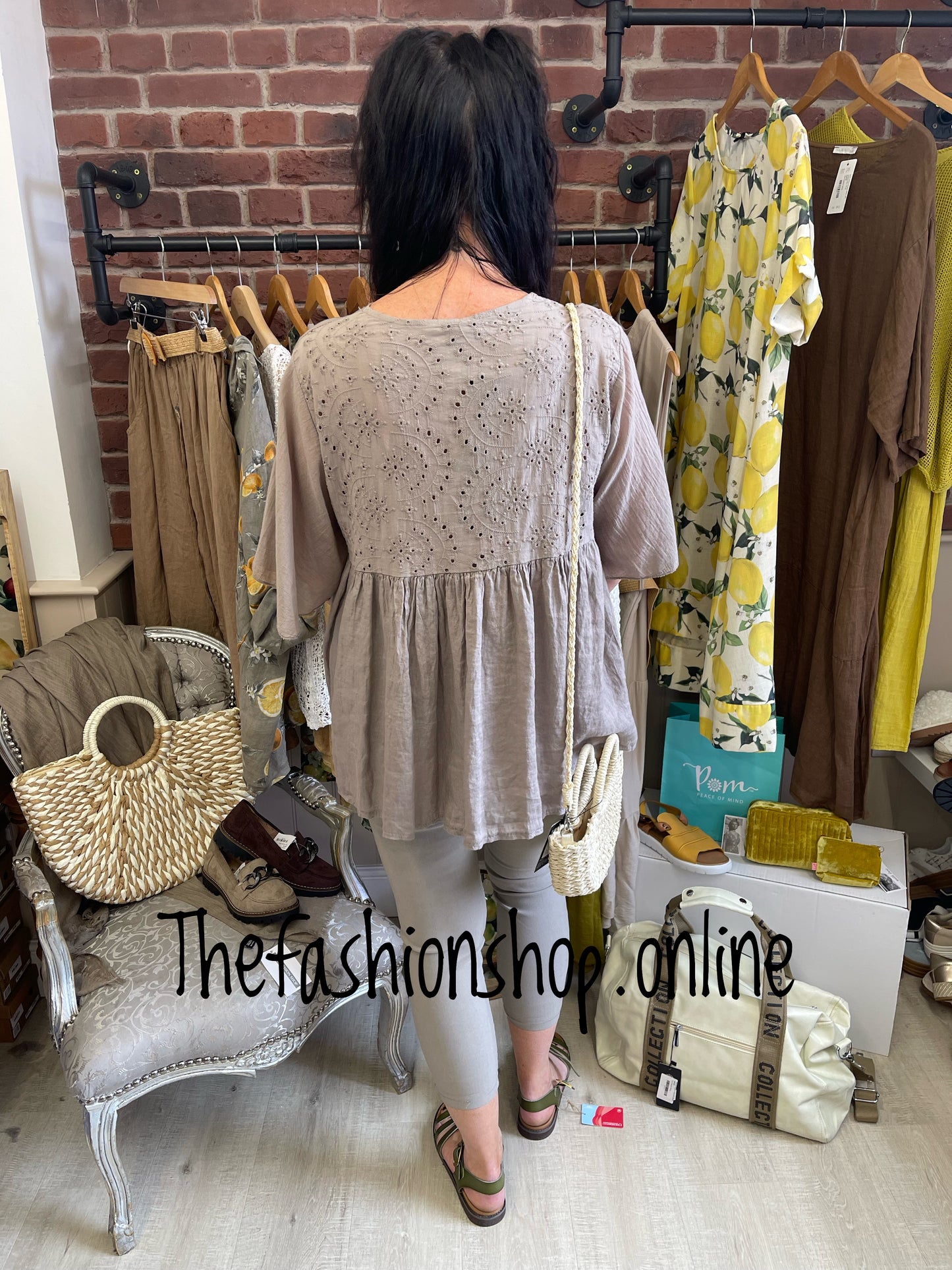 Mocha linen mix v neck broderie anglaise back top 12-16