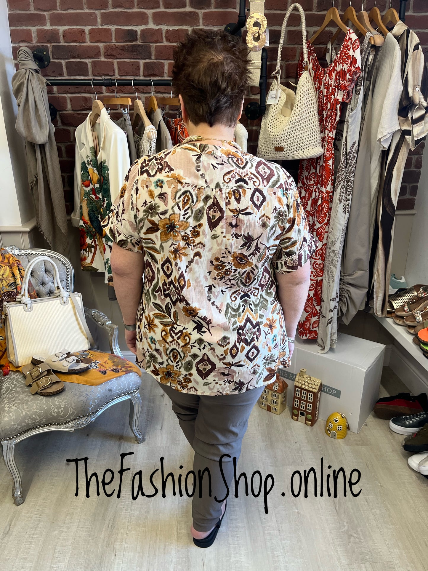 Naomi brown and khaki printed shirt sizes 12, 14 , 16 and 18
