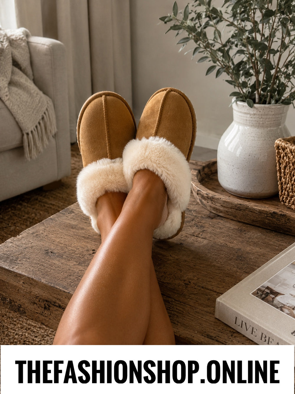 Tan faux suede faux fur slippers 3-8