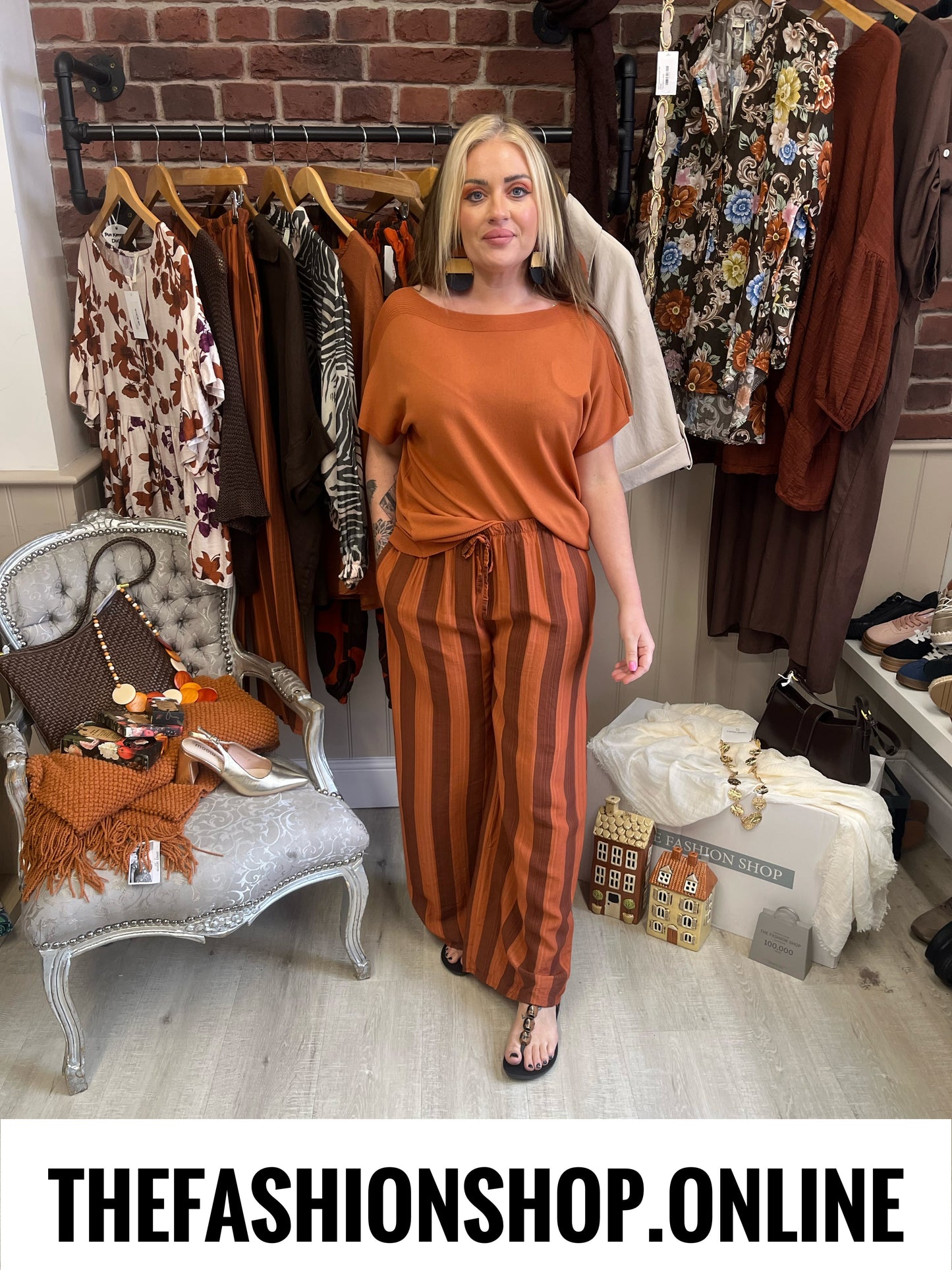 Belle cinnamon striped wide legged trousers 8-14