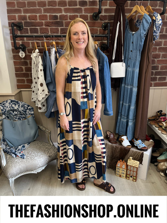Aubrey navy and brown abstract print dress 10-16