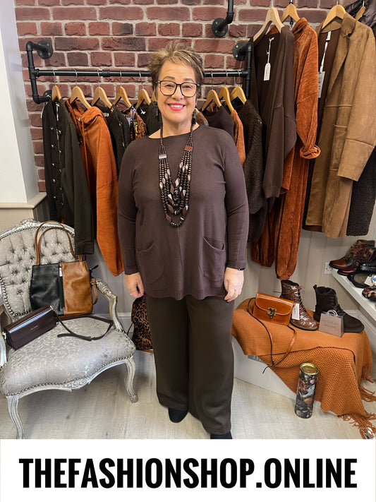 Ellie brown fine knit pocket jumper 14-22