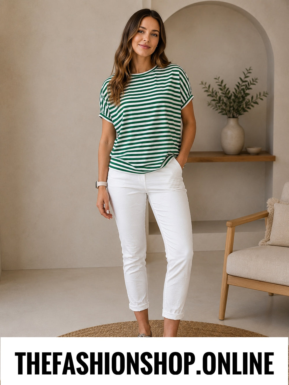 Green and white stripe hi low style top