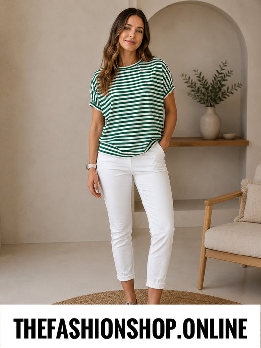 Green and white stripe hi low style top