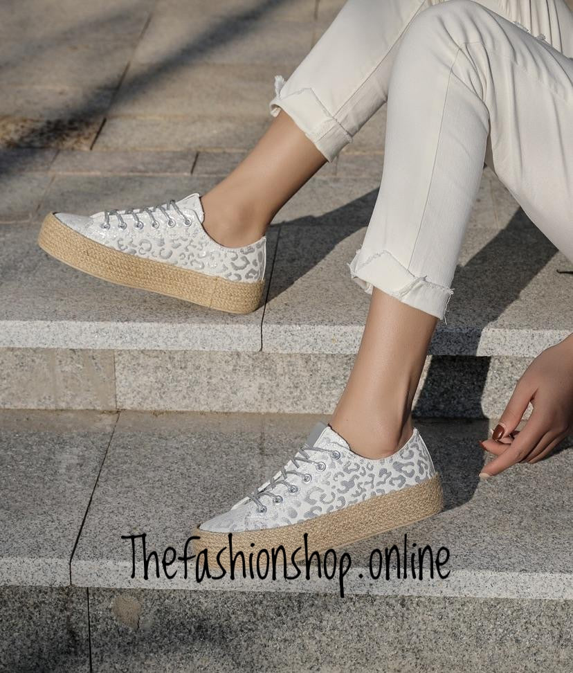 Silver leopard print platform espadrille sizes 3-8