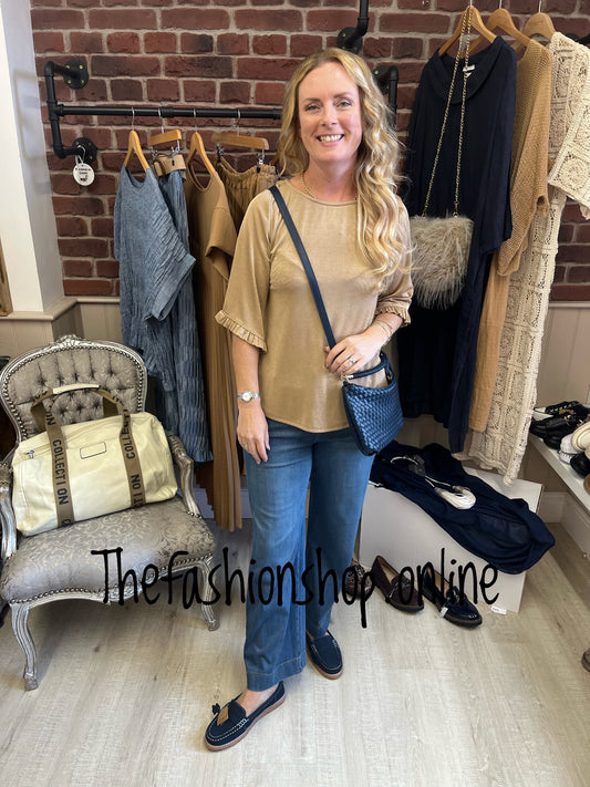 Camel frill sleeve ribbed top 8-14