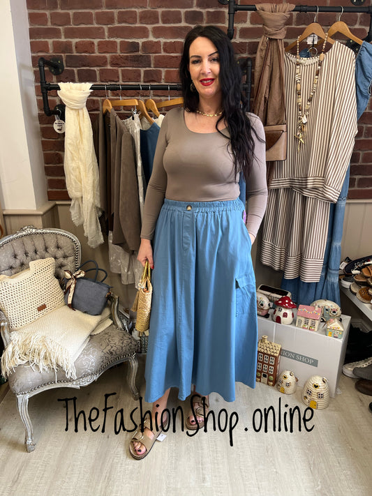 Mabel denim blue pocket skirt 12-20