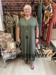 Khaki V neck dress up dress down dress with side split 16-26