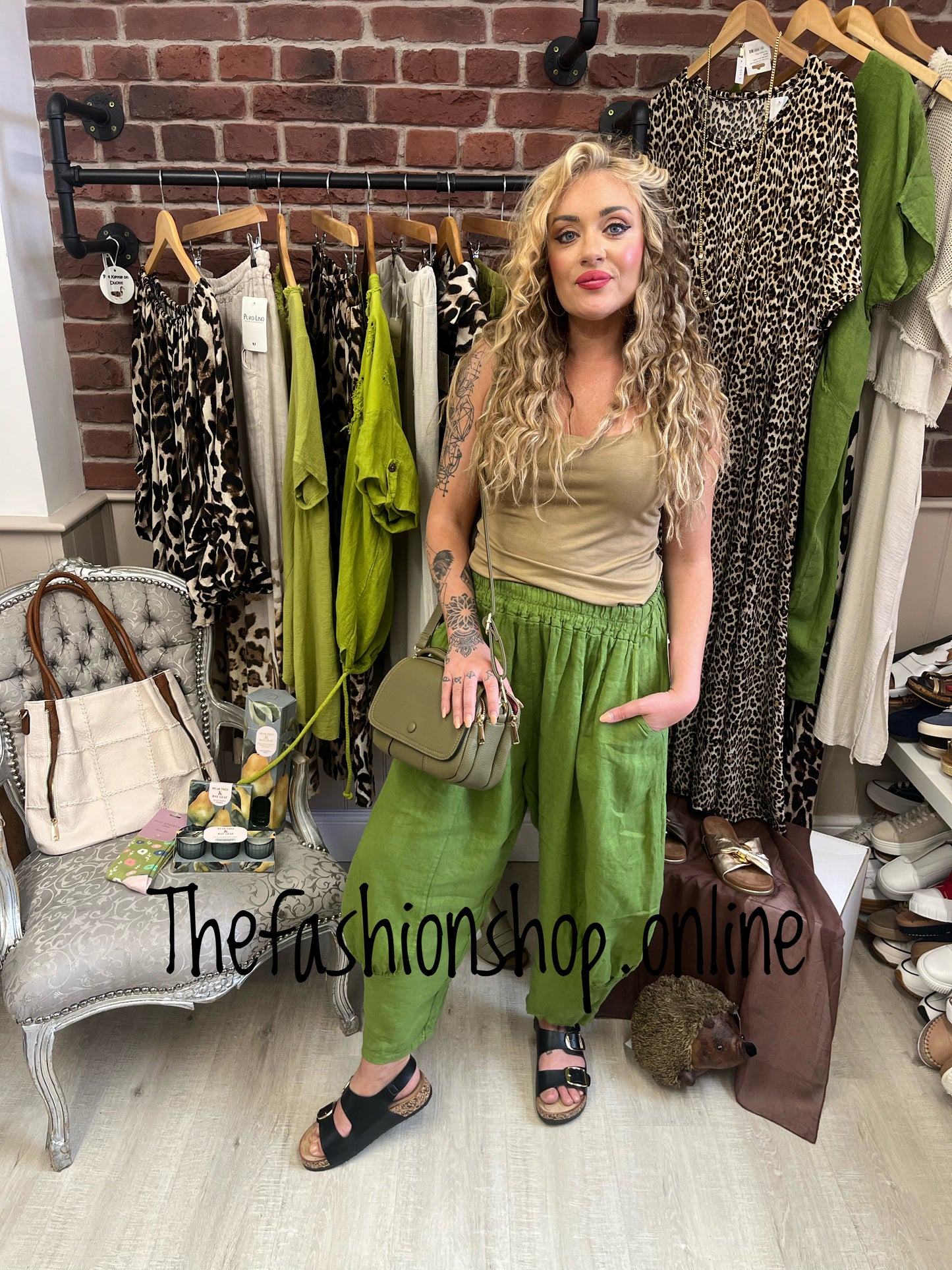 Kali olive funky linen trousers 10-18