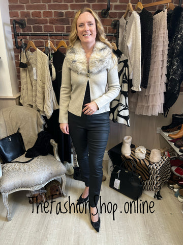 Heather beige faux fur collar coatigan 8-12