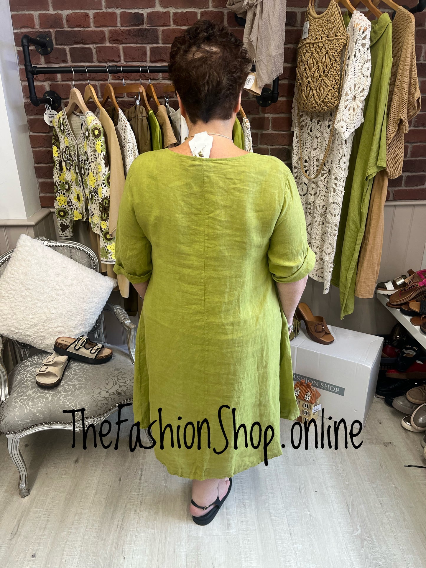 Selena olive V neck linen dress 14-20