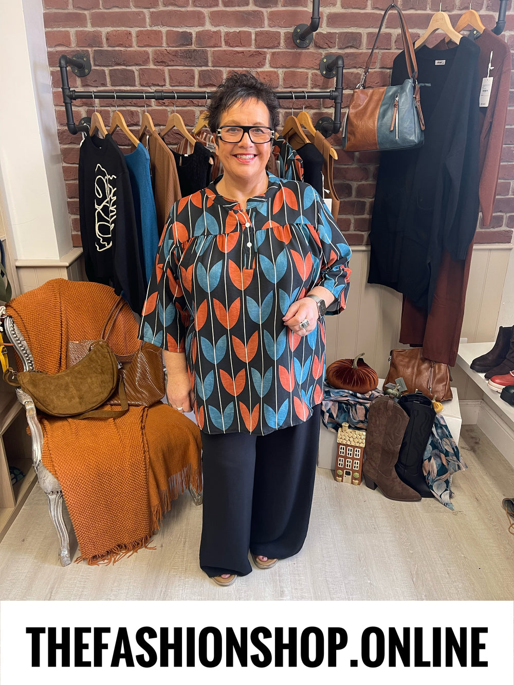 Lorena teal and tan print tunic 14-20
