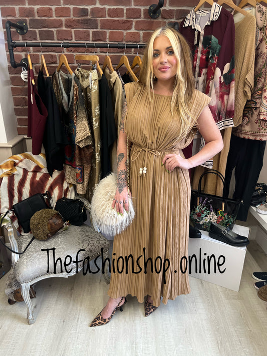 Sophie camel pleated dress 10-18