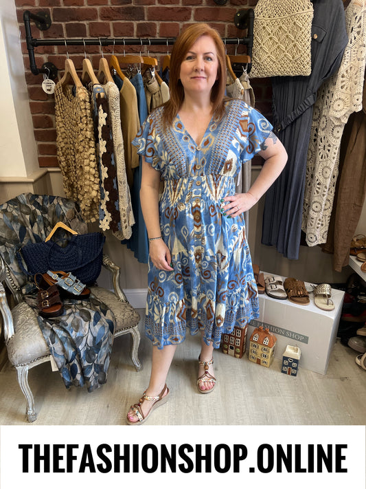 Harmony Indigo Nomad Midi V Neck Dress 10-18