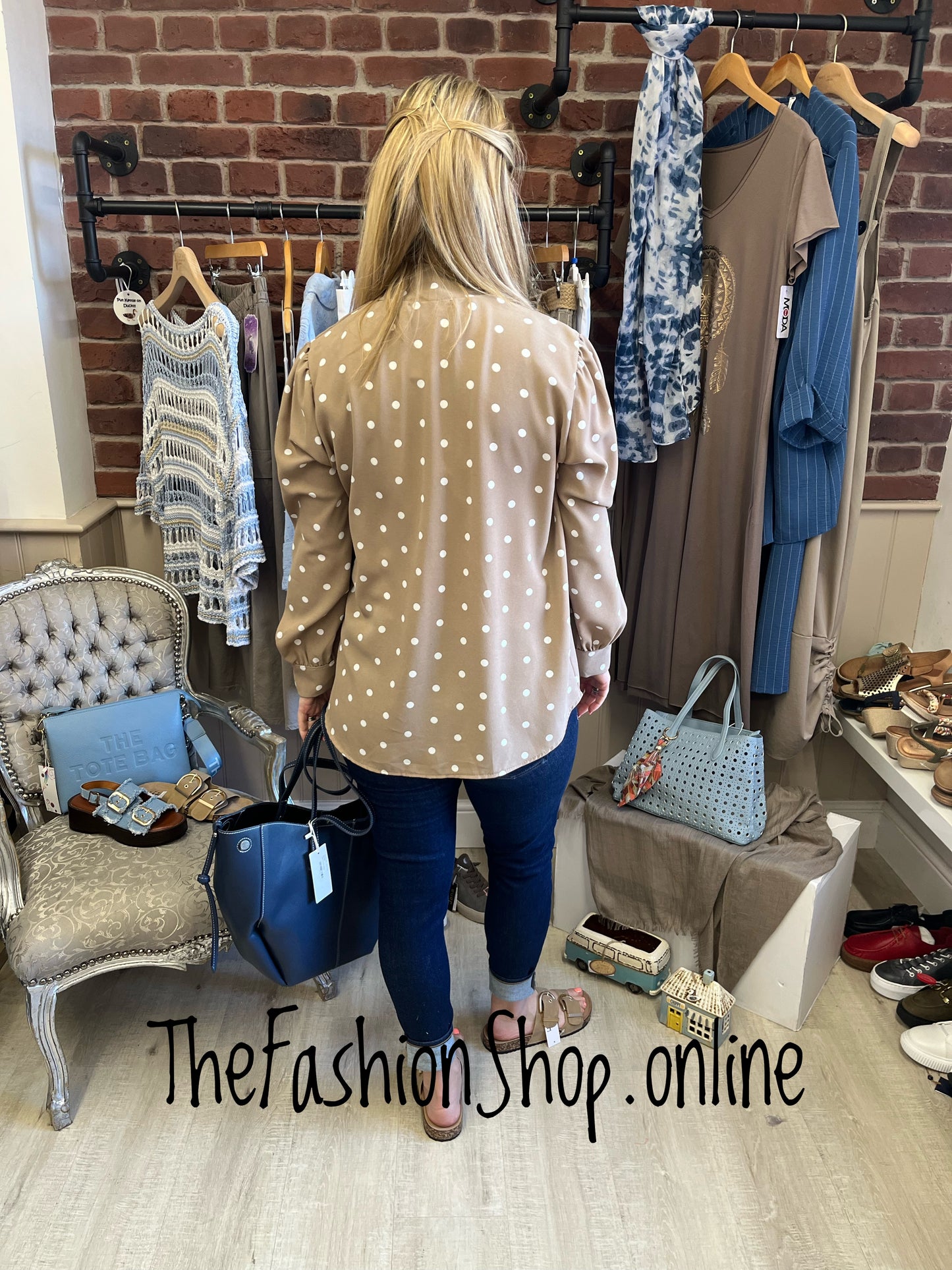 Natalie mocha and white spot tie neck blouse 10-14