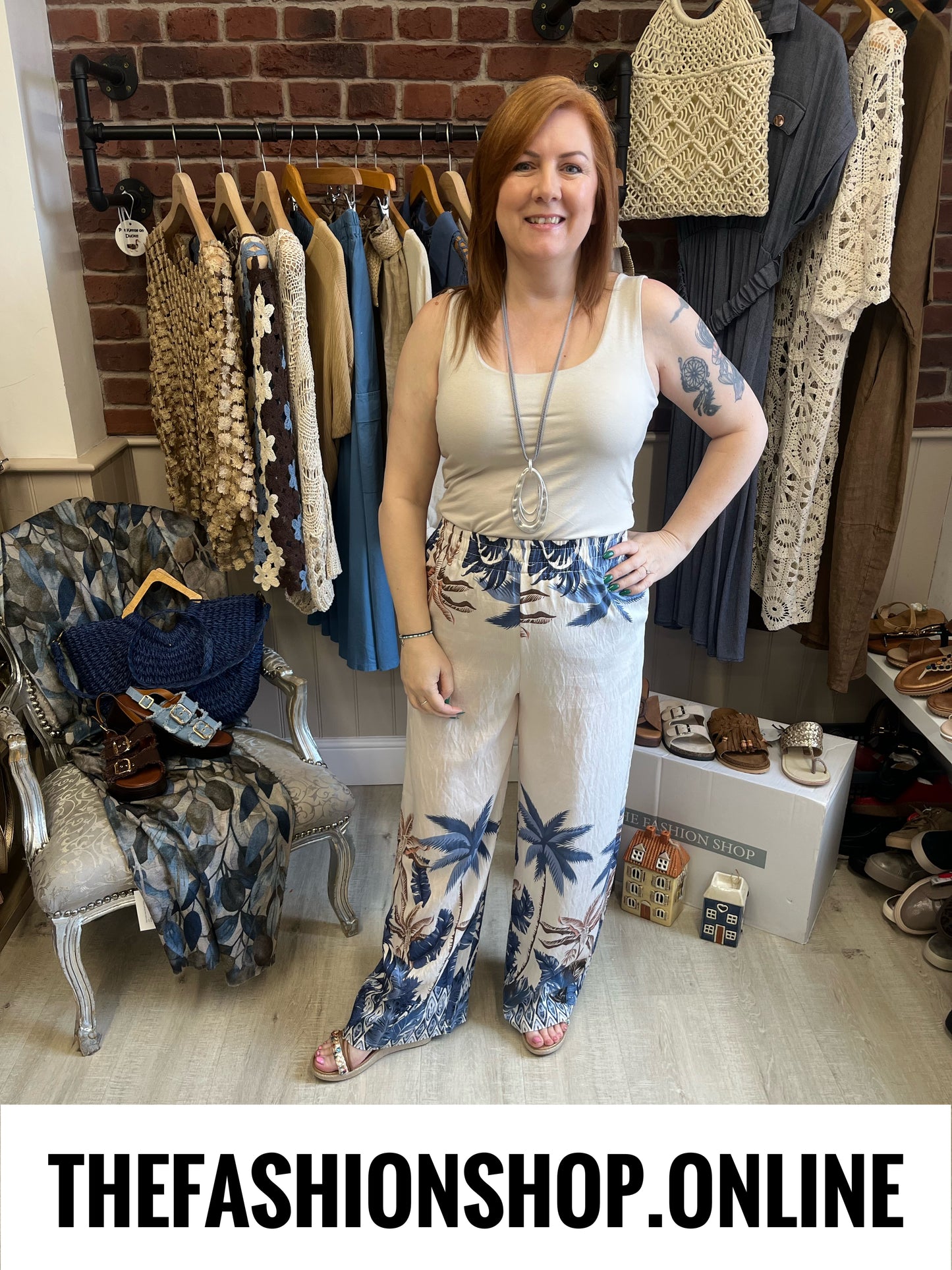 Wendy blue and cream palm leaf trousers 8-14